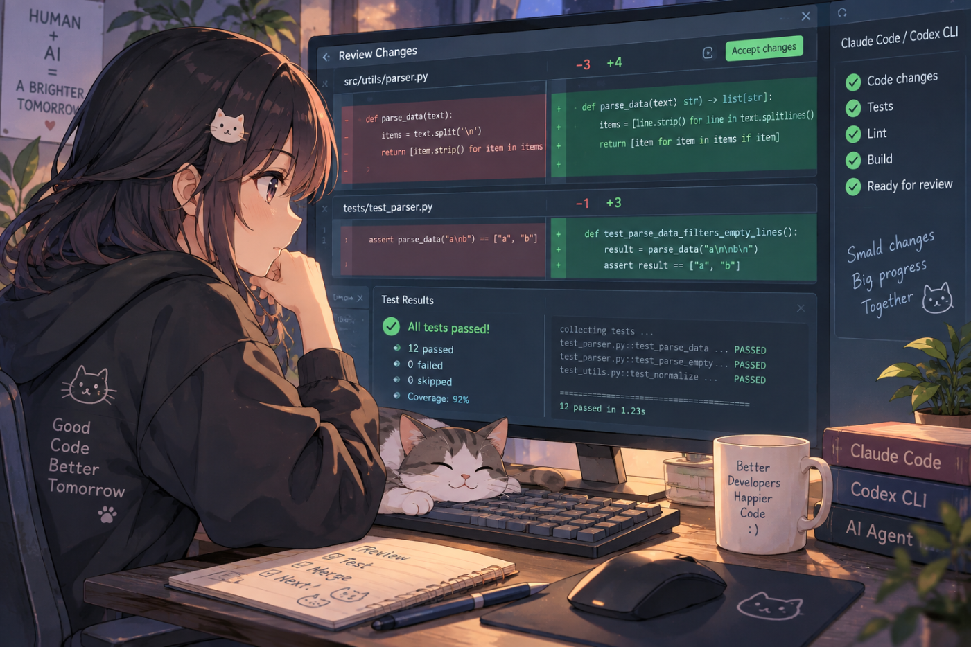 兩位工程師一起檢視 coding agent 產生的程式差異與測試結果