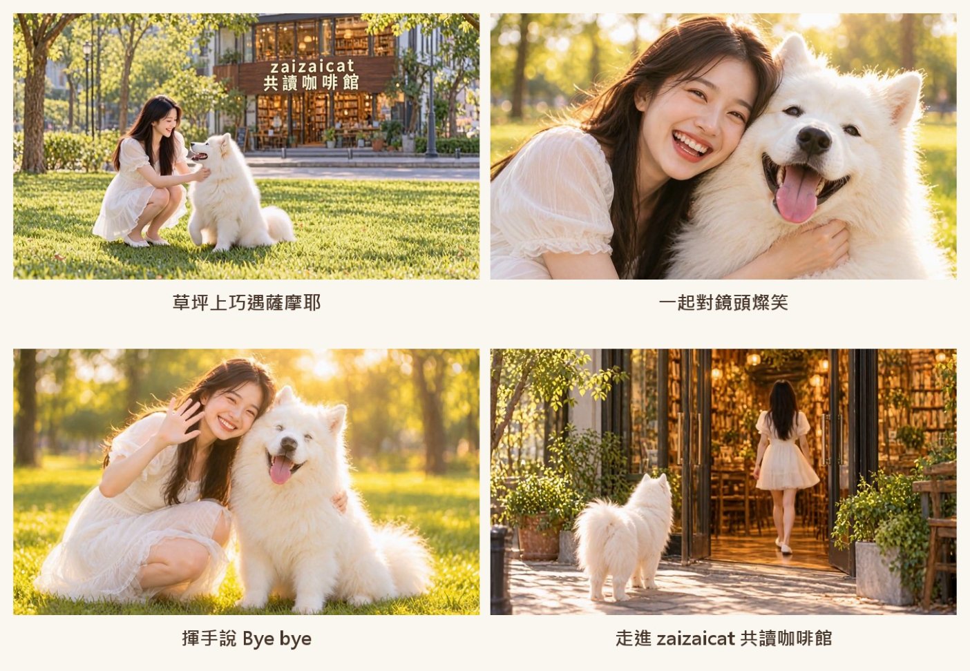 成品畫面：女生與薩摩耶走進 zaizaicat 共讀咖啡館