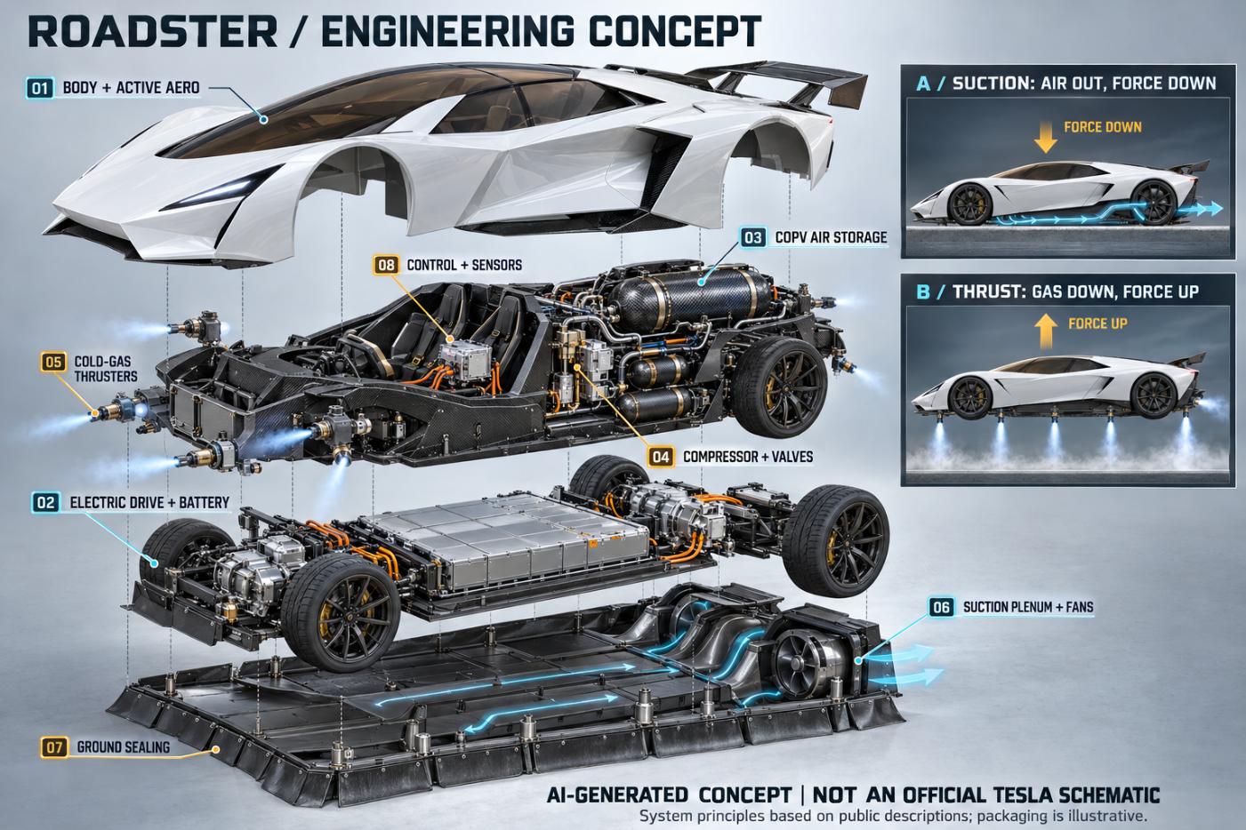 Roadster 三套物理系統的 AI 3D 工程概念分解圖：電動驅動、風扇吸附與冷氣體推進