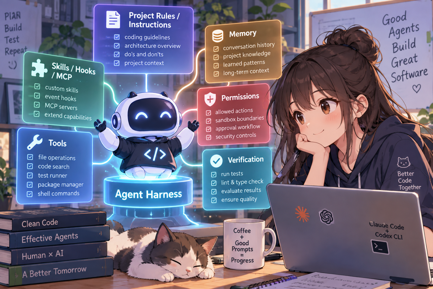 把專案規範、Skills、工具和驗證流程連在一起的 Harness 示意圖